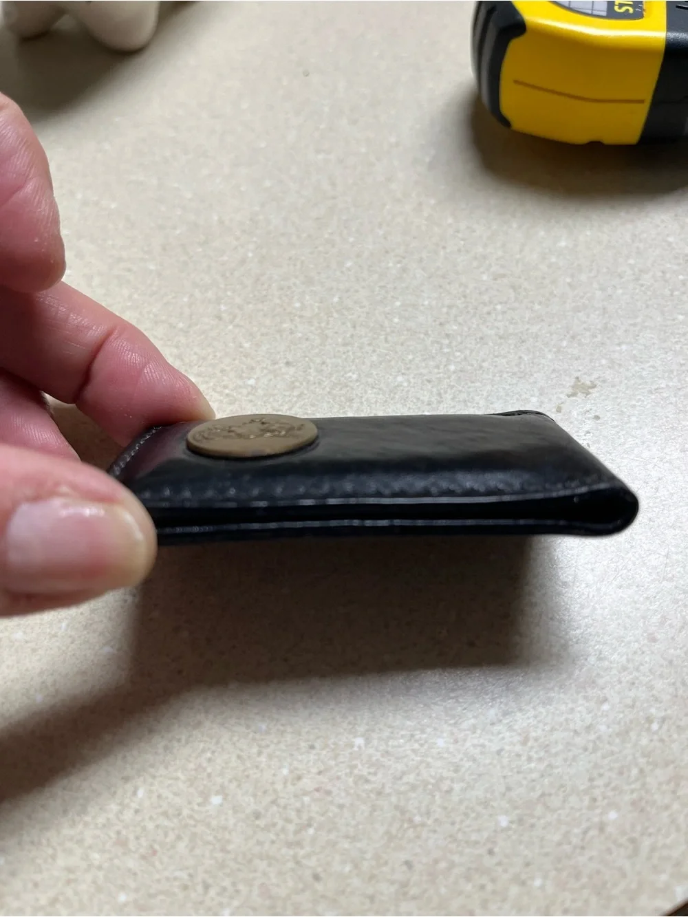 Black Leather Money Clip with Gold Tone Mickey Button